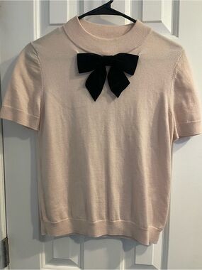 Kate Spade Pink Short Sleeve Sweater with Black Velvet Bow - Size S